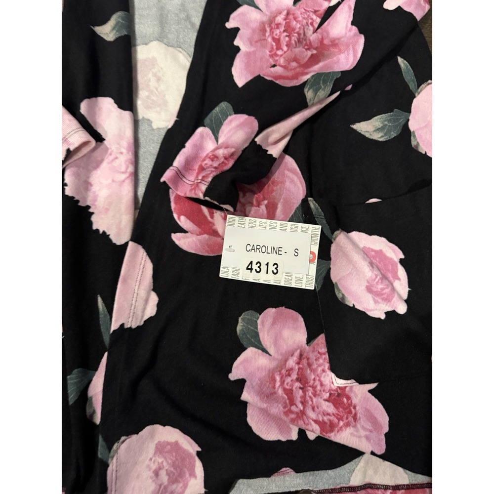 LuLaRoe Size Small Caroline Cardigan Shirt NWT Pink Floral Black Background - Picture 3 of 6
